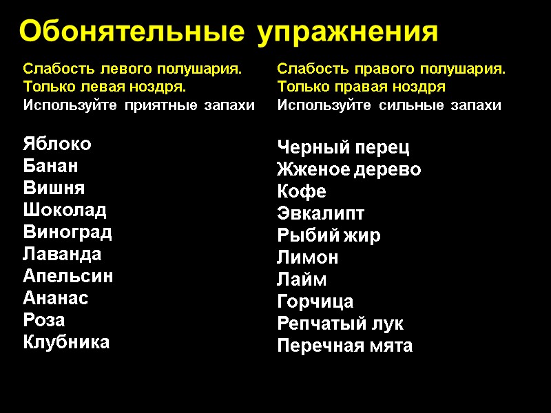 Обонятельные упражнения   Слабость левого полушария. Только левая ноздря.    